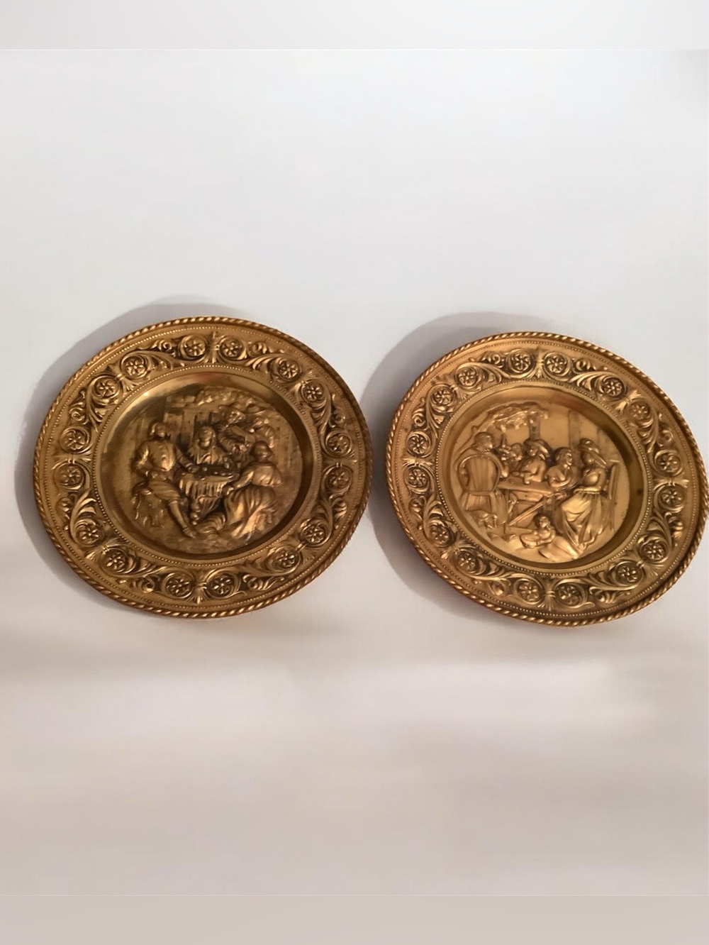 Vintage brass English 12”embossed Decorative Wall Plates - Set of 2